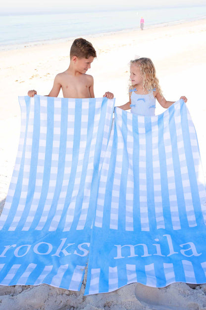 Personalized Kids Beach Towel | Blue Seersucker