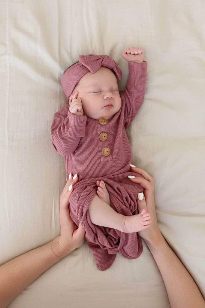 Boysenberry Bamboo Waffle Newborn Baby Knot Gown & Hat Set