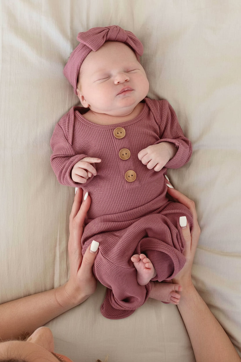 Boysenberry Bamboo Waffle Newborn Baby Knot Gown & Hat Set