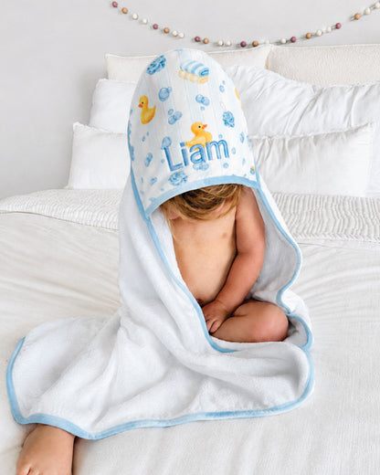 Embroidered Bamboo Hooded Towel | Bubble Duckies Blue