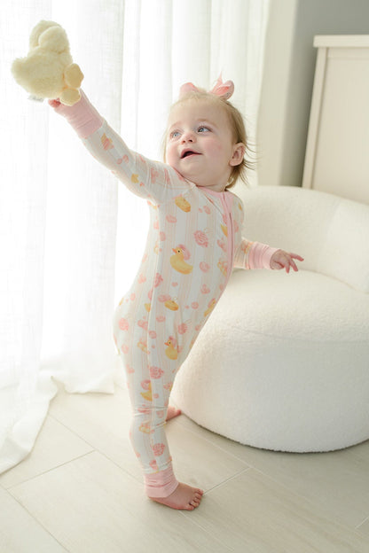 Convertible Bamboo Zip Romper Pajamas | Bubble Duckies Pink