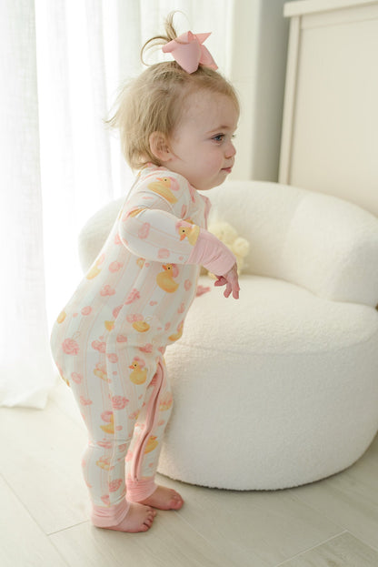 Convertible Bamboo Zip Romper Pajamas | Bubble Duckies Pink
