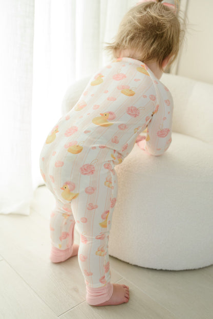 Convertible Bamboo Zip Romper Pajamas | Bubble Duckies Pink