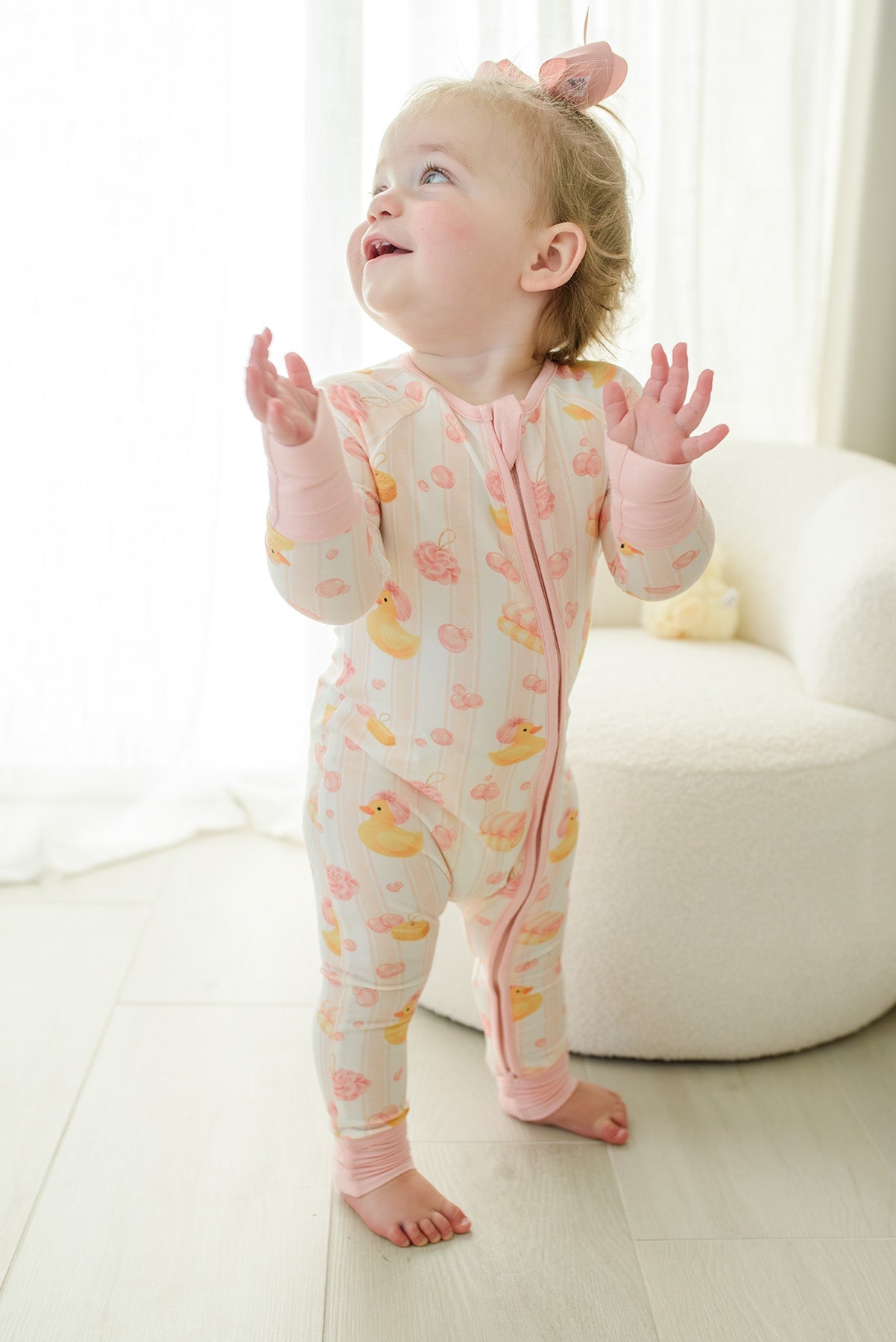 Convertible Bamboo Zip Romper Pajamas | Bubble Duckies Pink