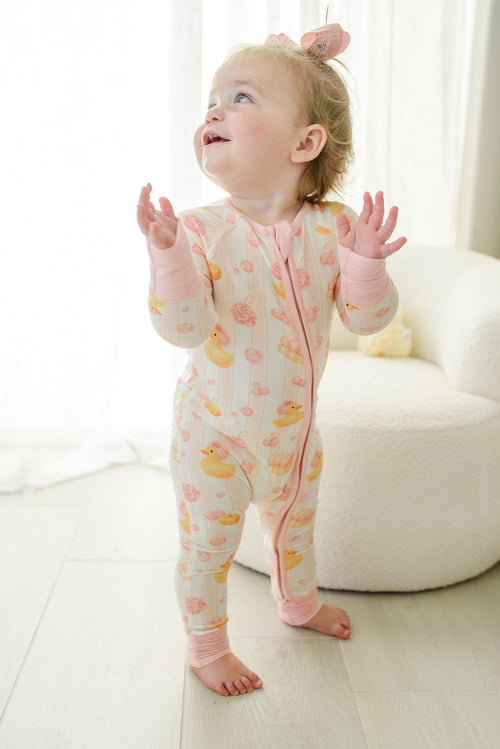 Convertible Bamboo Zip Romper Pajamas | Bubble Duckies Pink