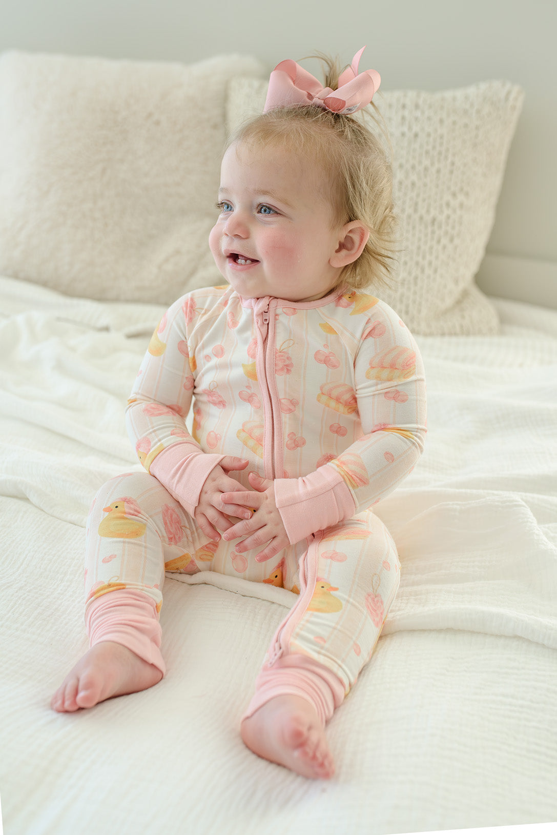 Convertible Bamboo Zip Romper Pajamas | Bubble Duckies Pink