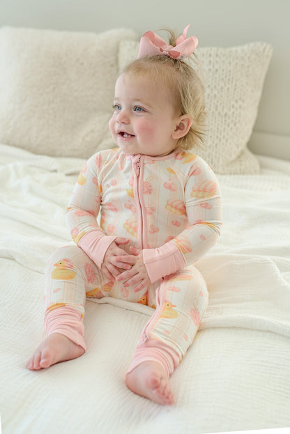 Convertible Bamboo Zip Romper Pajamas | Bubble Duckies Pink