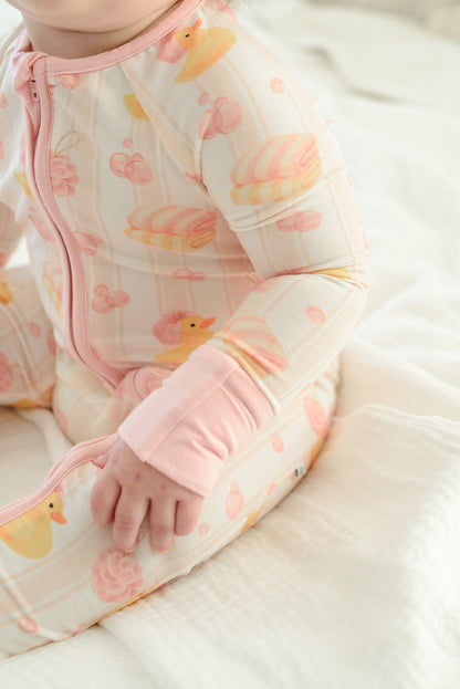 Convertible Bamboo Zip Romper Pajamas | Bubble Duckies Pink