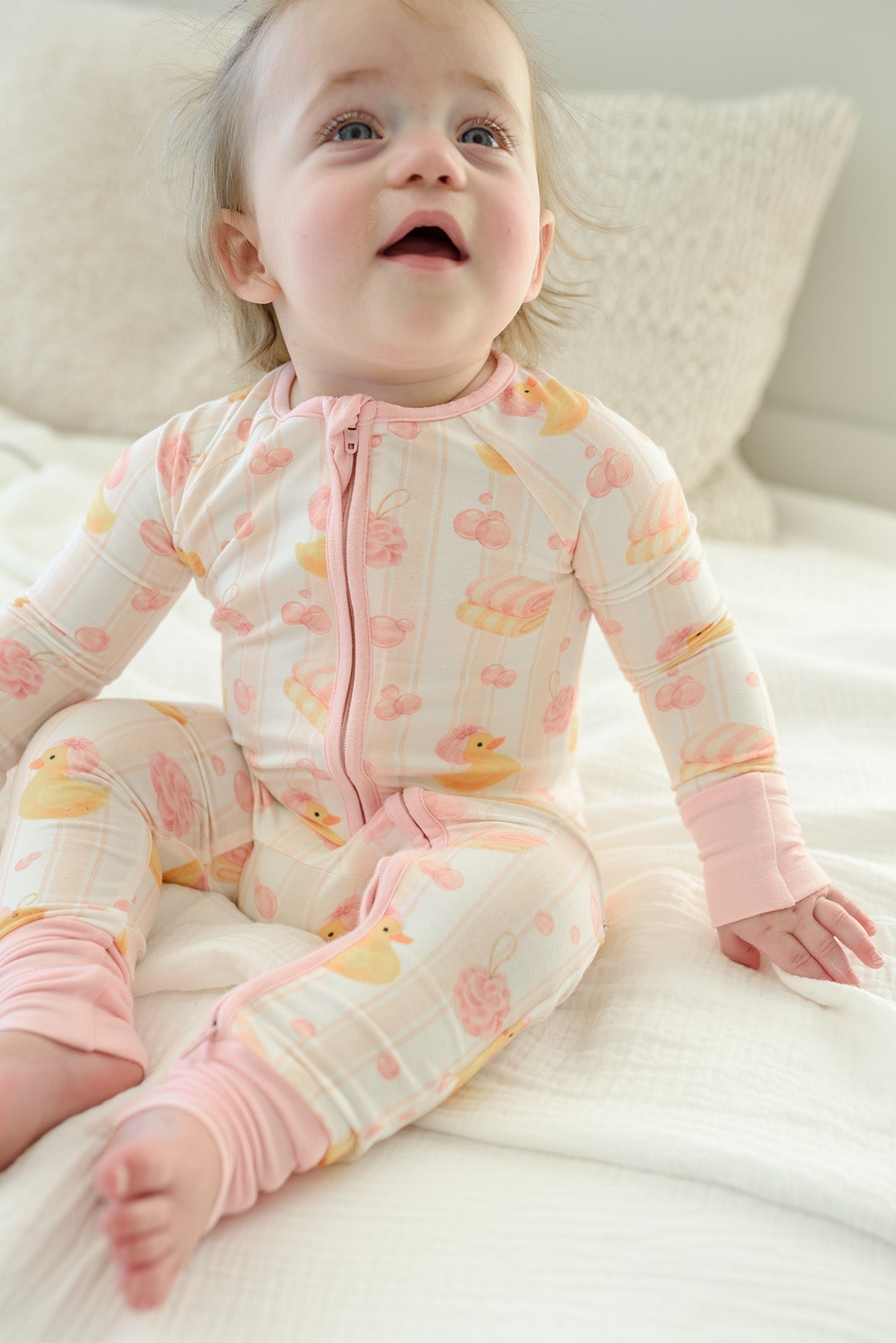 Convertible Bamboo Zip Romper Pajamas | Bubble Duckies Pink