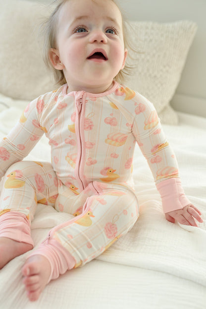 Convertible Bamboo Zip Romper Pajamas | Bubble Duckies Pink