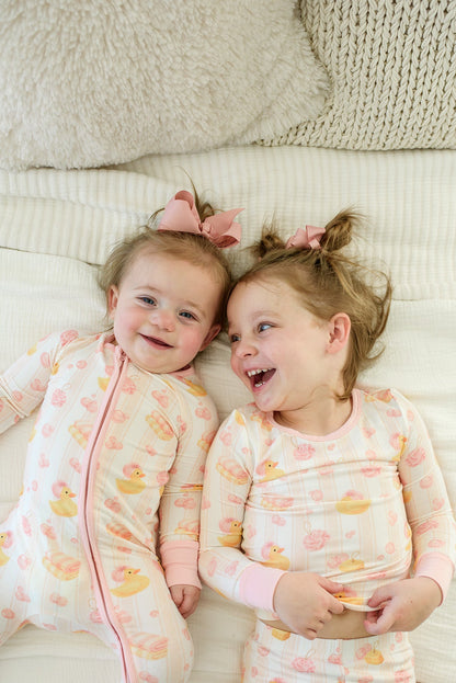 Convertible Bamboo Zip Romper Pajamas | Bubble Duckies Pink