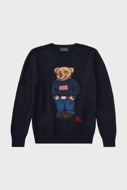 Boys Long-Sleeve Flag Bear Crewneck Sweater