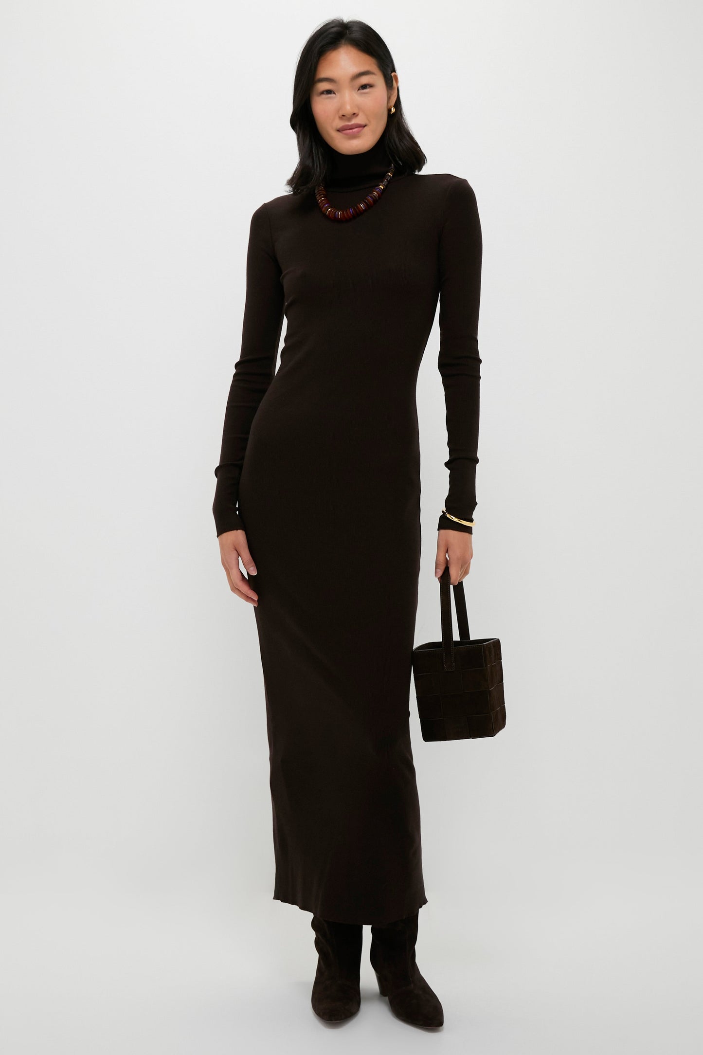 Brown Melange Rib Knit Turtleneck Column Dress
