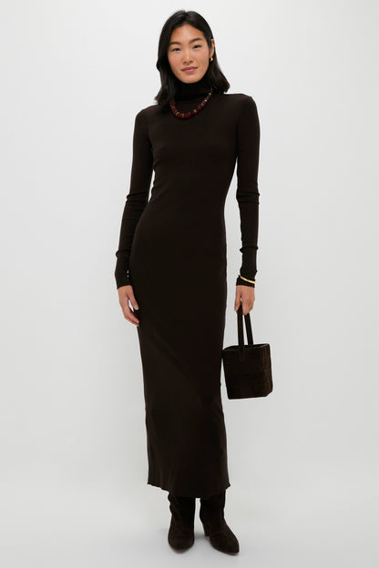 Brown Melange Rib Knit Turtleneck Column Dress