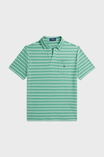 Boys Haven Green Short-Sleeve Cotton Linen Jersey Striped Johnny Collar Polo