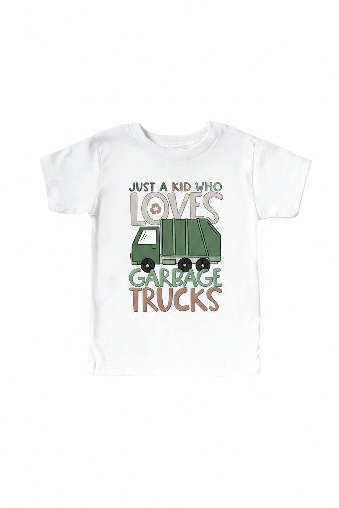 Loves Garbage Trucks Kids Graphic Tee | White