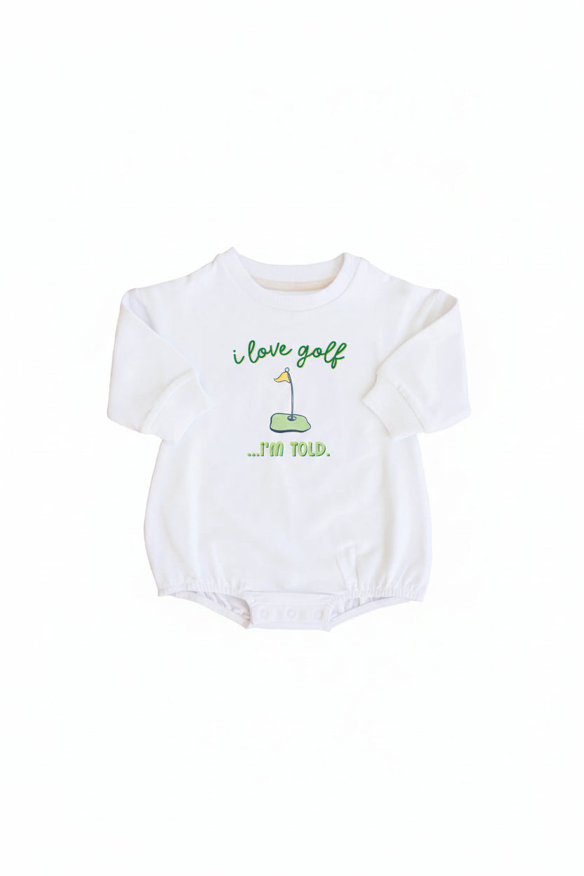 I Love Golf Graphic Sweatshirt Bubble Romper | White