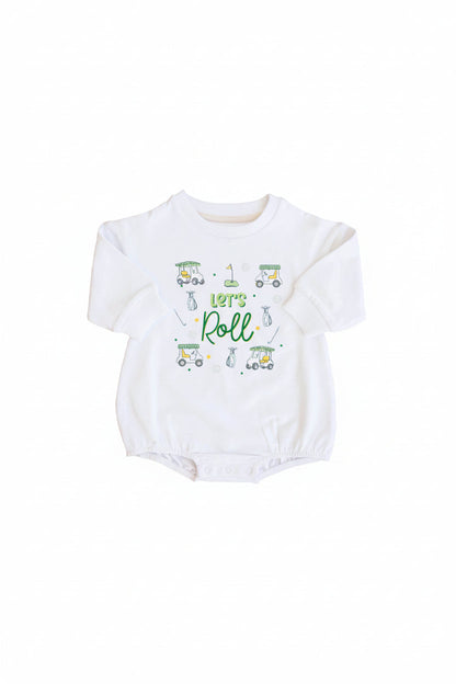 Let's Roll Graphic Sweatshirt Bubble Romper | White