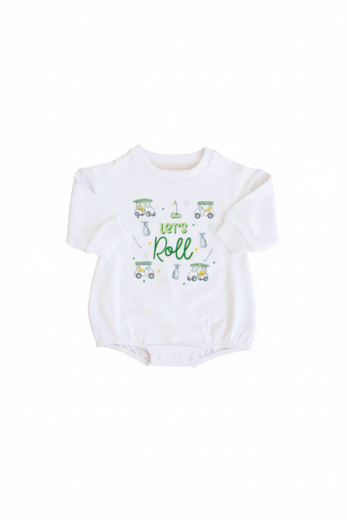 Let's Roll Graphic Sweatshirt Bubble Romper | White