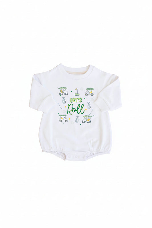 Let's Roll Graphic Sweatshirt Bubble Romper | White