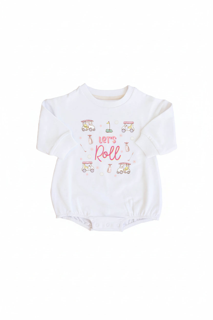 Let's Roll Graphic Sweatshirt Bubble Romper | White