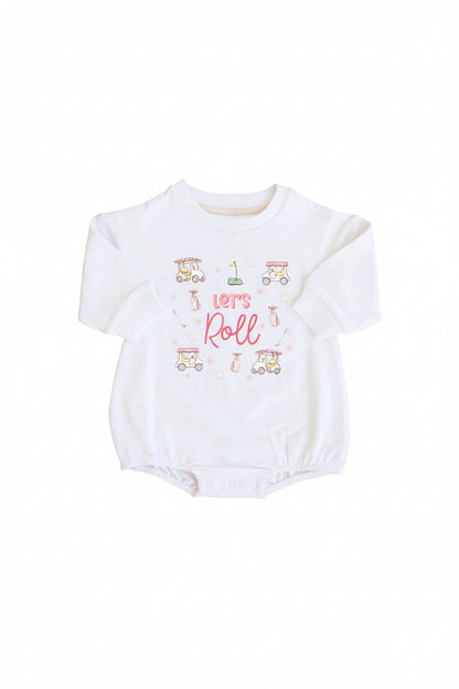 Let's Roll Graphic Sweatshirt Bubble Romper | White