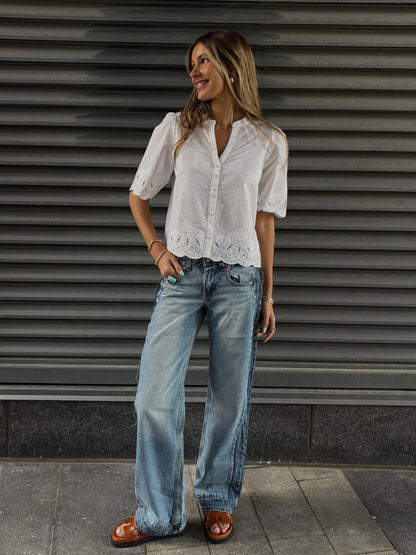 ROOM 34 Eyelet Trim Blouse
