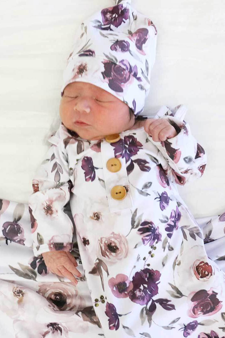 Demi's Dusty Purple Floral Newborn Baby Knot Gown & Hat Set