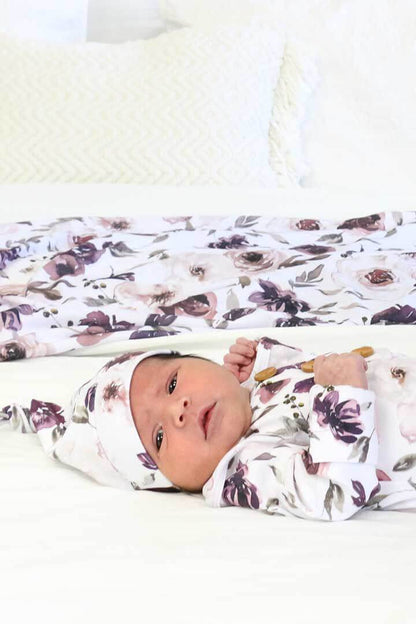 Demi's Dusty Purple Floral Newborn Baby Knot Gown & Hat Set