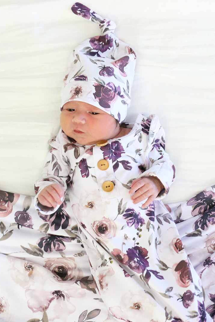 Demi's Dusty Purple Floral Newborn Baby Knot Gown & Hat Set