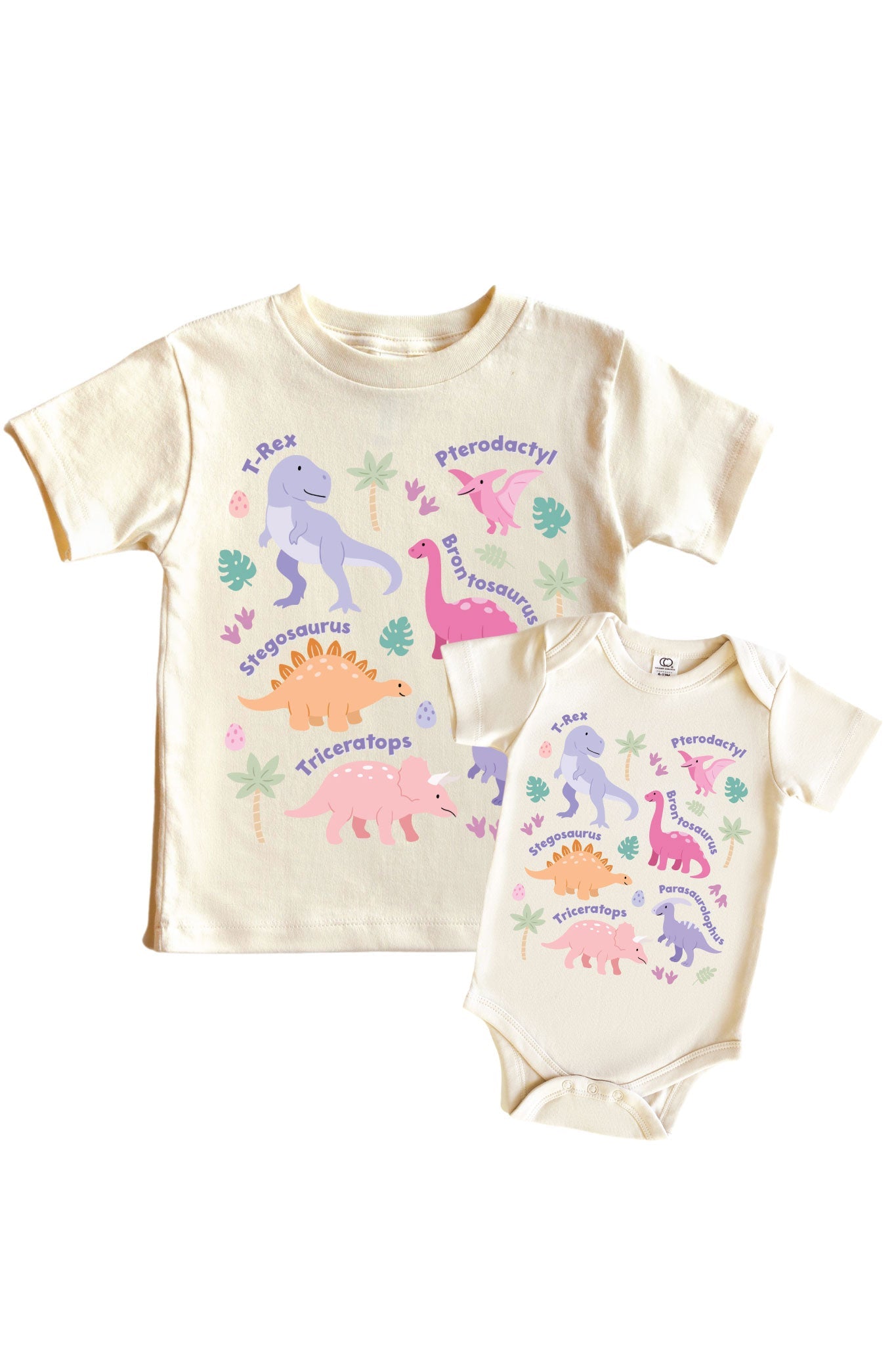 Dino Names Pink Graphic Bodysuit & Kids Tee | Natural