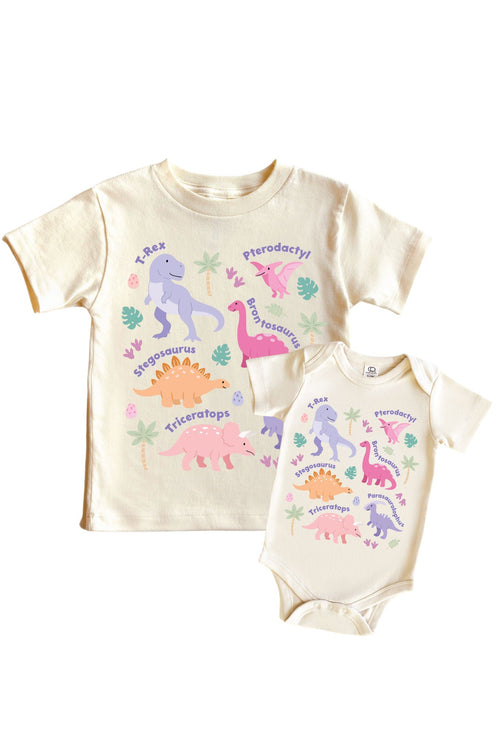 Dino Names Pink Graphic Bodysuit & Kids Tee | Natural