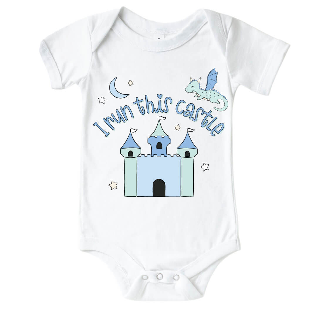 I Run This Castle Blue Graphic Bodysuit & Kids Tee | White