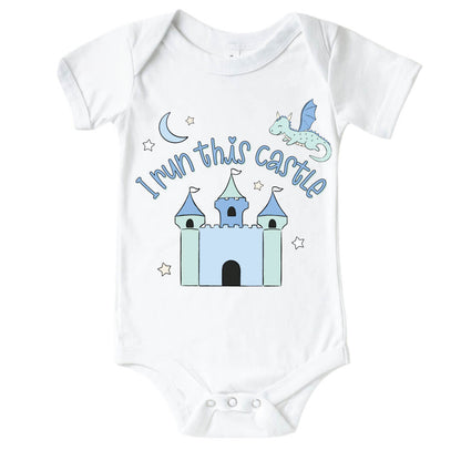 I Run This Castle Blue Graphic Bodysuit & Kids Tee | White