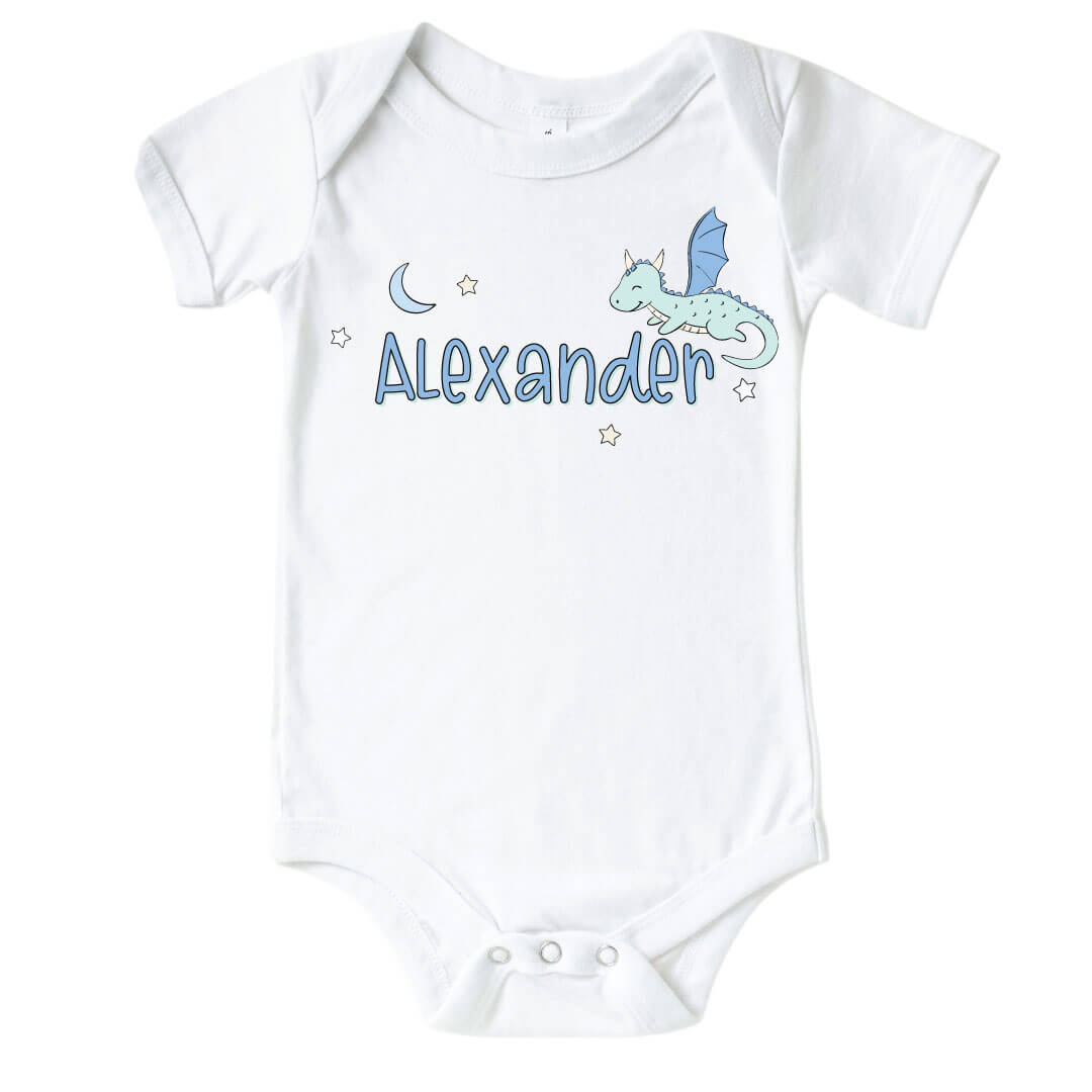 Personalized Dragon Adventure Blue Graphic Bodysuit & Kids Tee | White