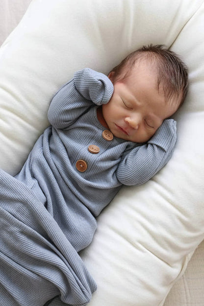 Dusty Denim Bamboo Waffle Newborn Baby Knot Gown & Hat Set