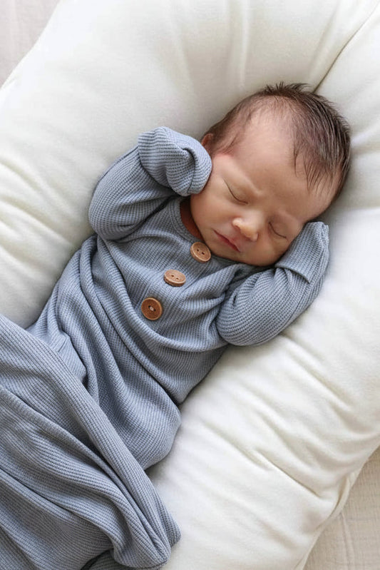 Dusty Denim Bamboo Waffle Newborn Baby Knot Gown & Hat Set