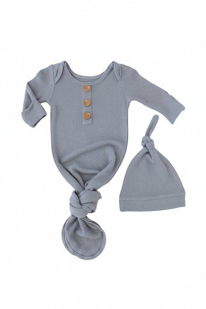 Dusty Denim Bamboo Waffle Newborn Baby Knot Gown & Hat Set