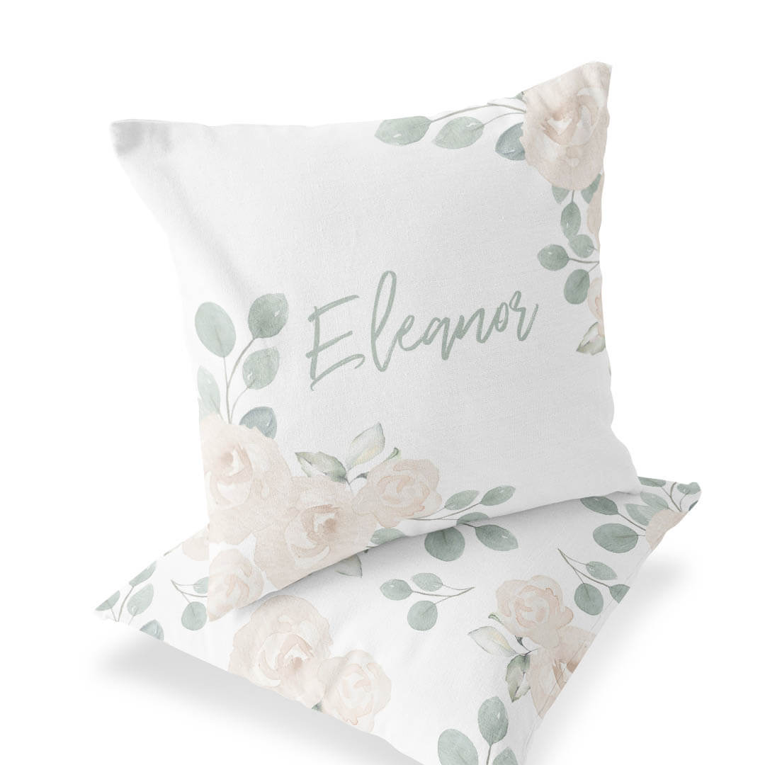 Eleanor's Sage and Ivory Floral Personalized Name Throw Pillow