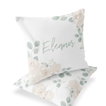 Eleanor's Sage and Ivory Floral Personalized Name Throw Pillow