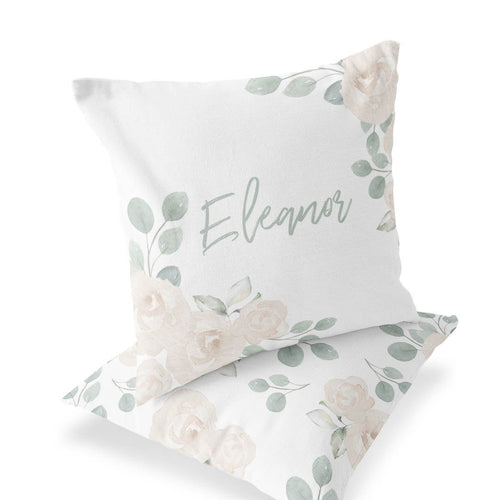 Eleanor's Sage and Ivory Floral Personalized Name Throw Pillow