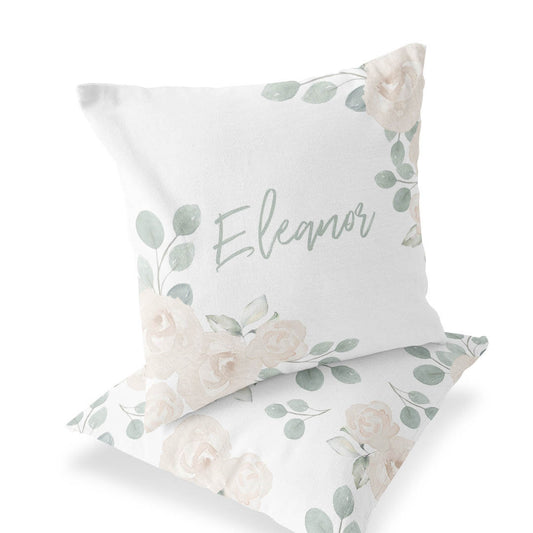 Eleanor's Sage and Ivory Floral Personalized Name Throw Pillow