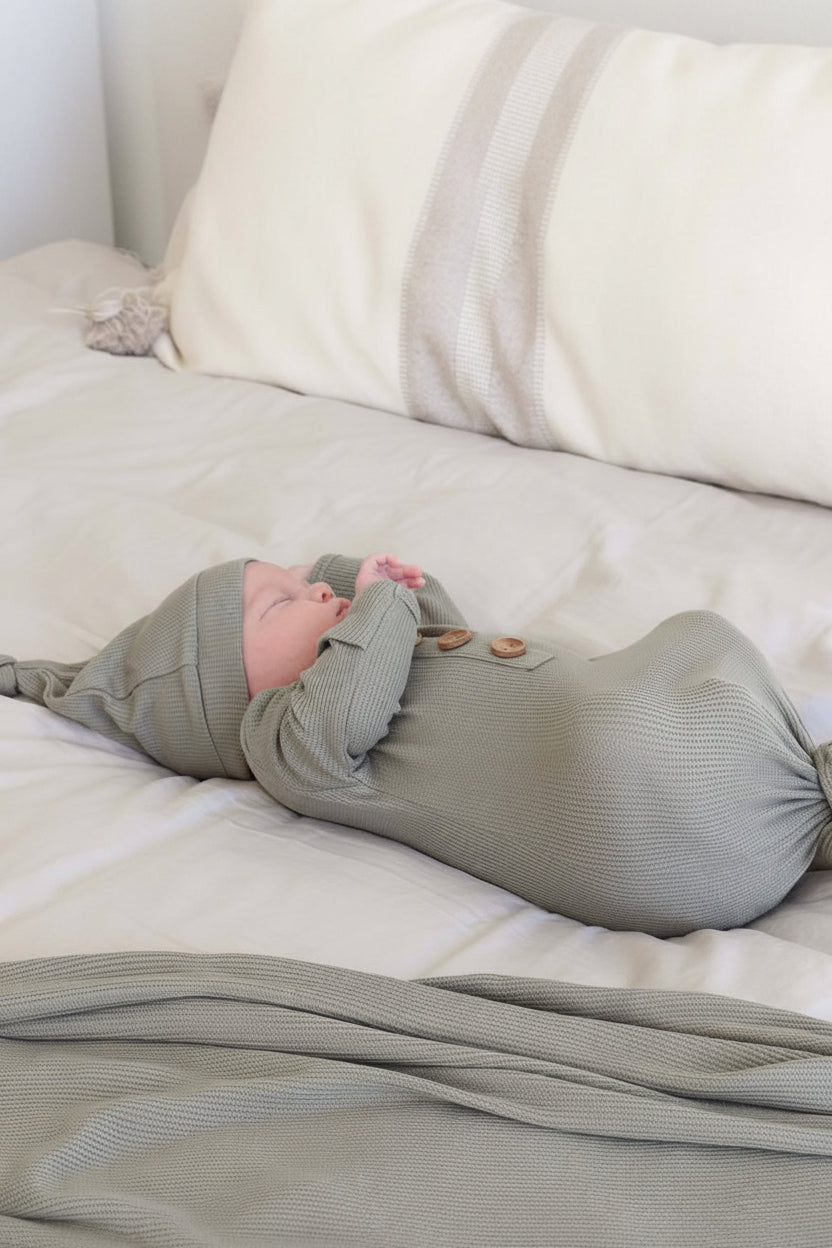 Eucalyptus Bamboo Waffle Newborn Baby Knot Gown & Hat Set