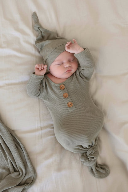 Eucalyptus Bamboo Waffle Newborn Baby Knot Gown & Hat Set