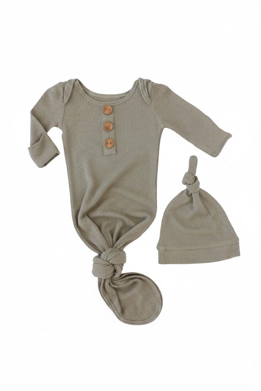 Eucalyptus Bamboo Waffle Newborn Baby Knot Gown & Hat Set
