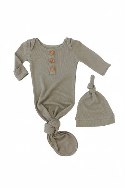 Eucalyptus Bamboo Waffle Newborn Baby Knot Gown & Hat Set