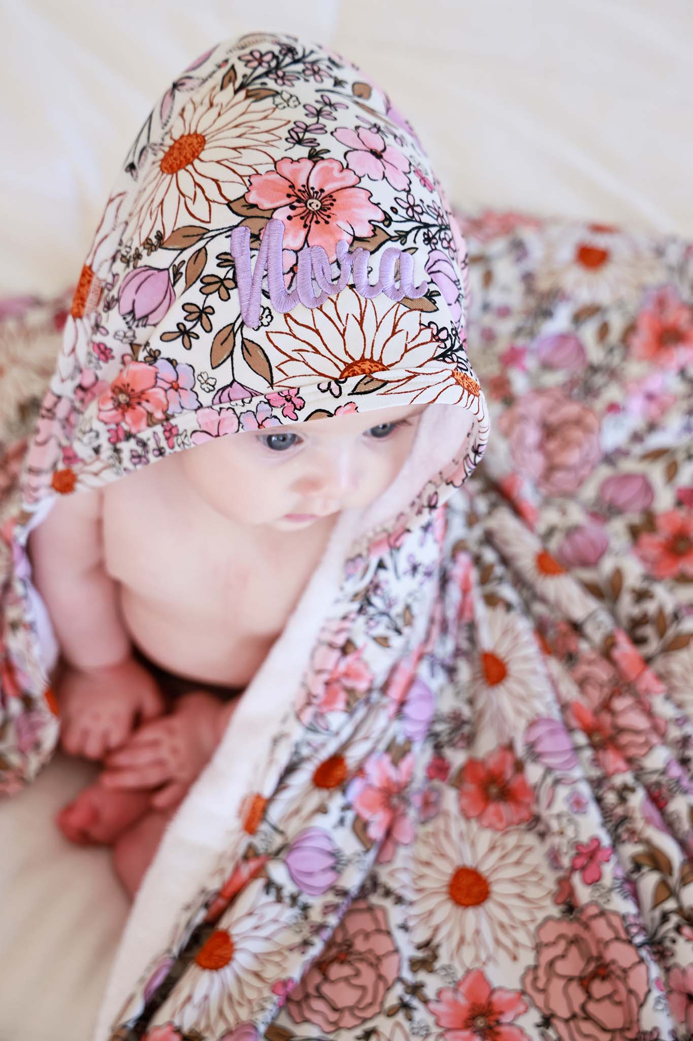 Embroidered Bamboo Hooded Towel | Purple Floral