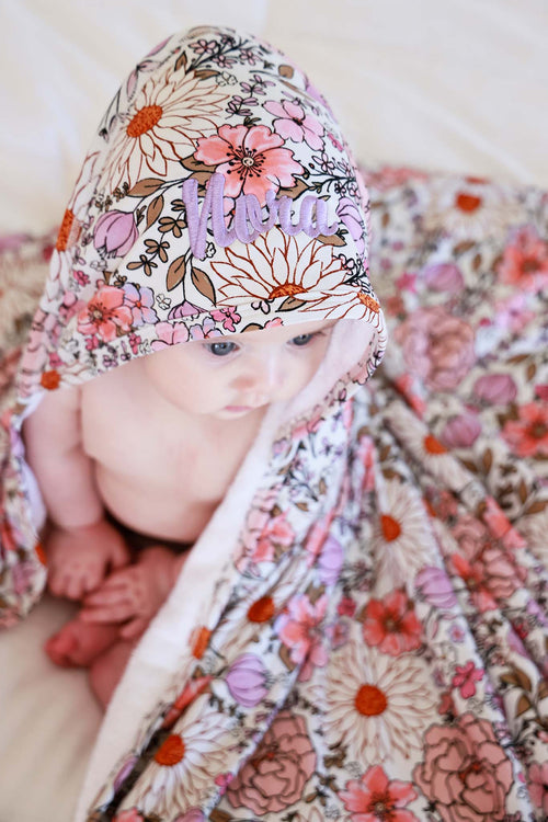 Embroidered Bamboo Hooded Towel | Purple Floral