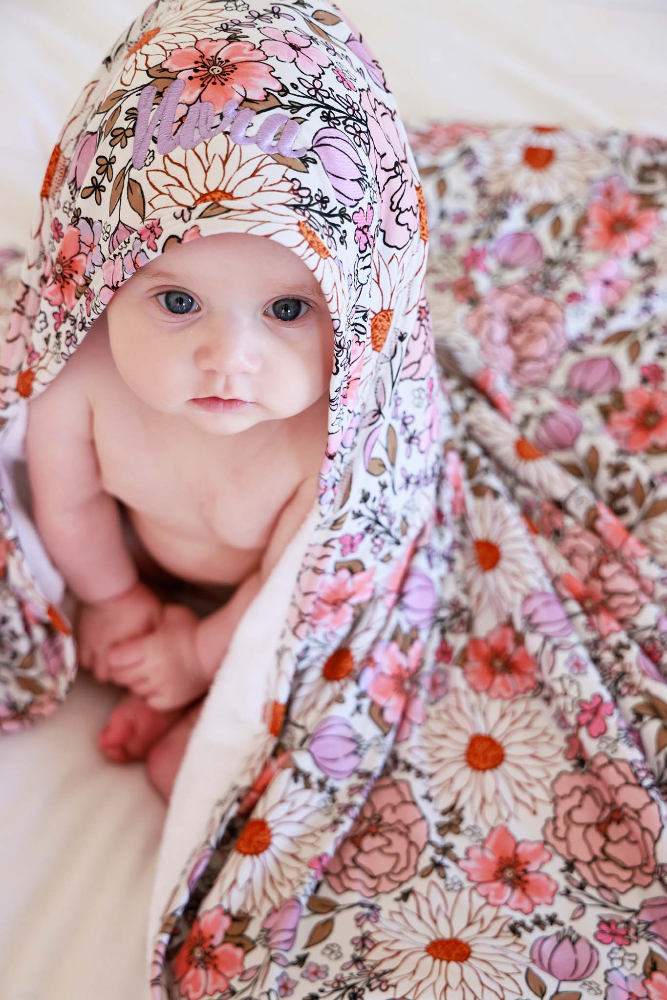 Embroidered Bamboo Hooded Towel | Purple Floral