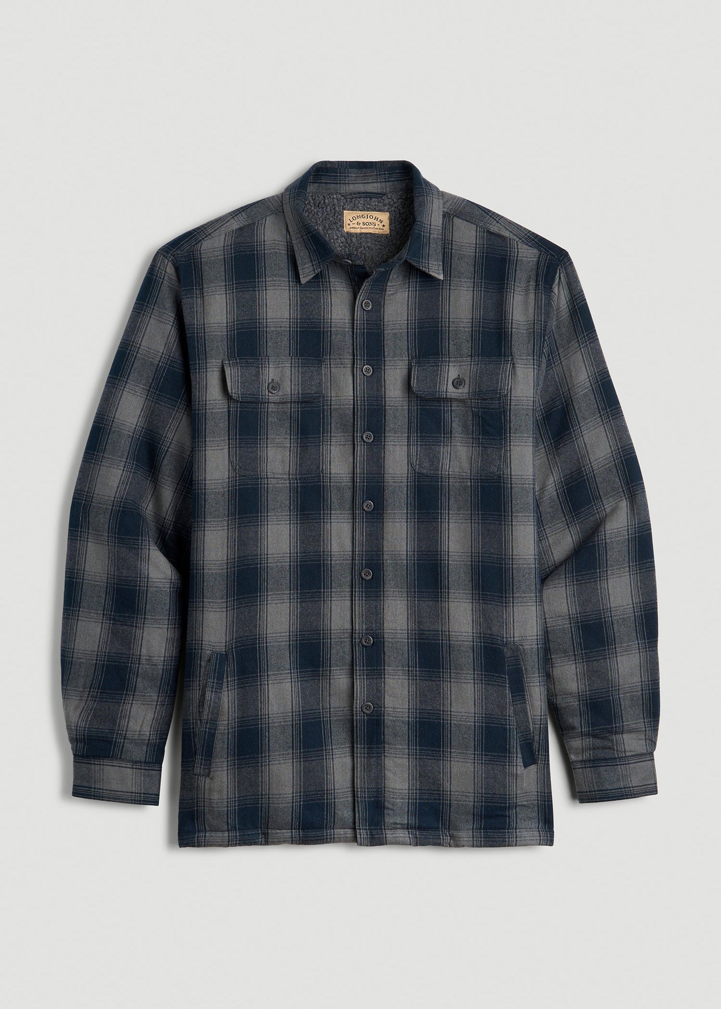LJ&S Sherpa-Lined Shirt Jacket for Tall Men in Midnight Navy & Medium Grey Plaid